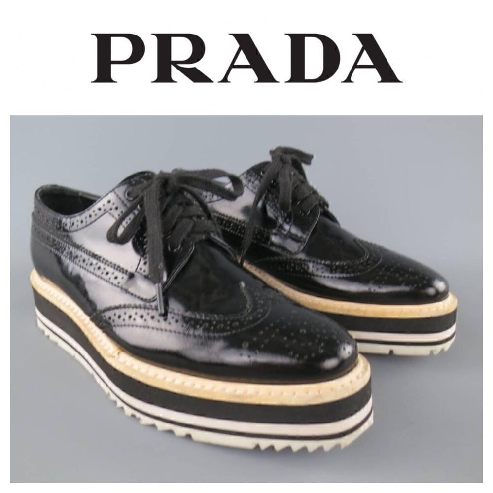 Prada Black Brogue Leather Wingtip Platform Oxford Shoes